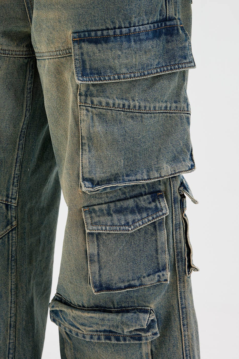 Multi-Pocket Faded Cargo Denim Jeans