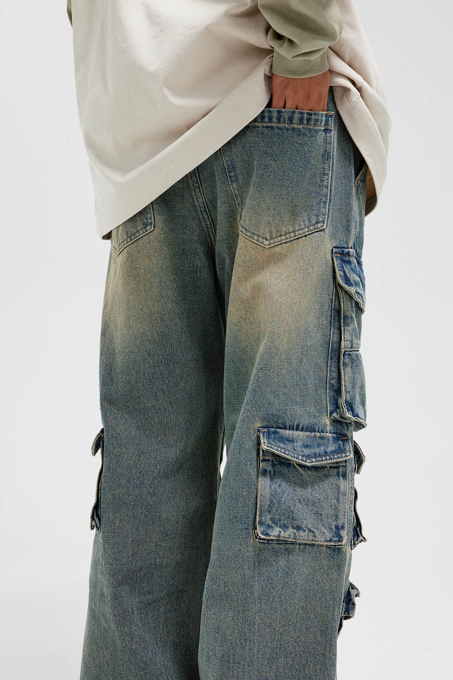 Multi-Pocket Faded Cargo Denim Jeans