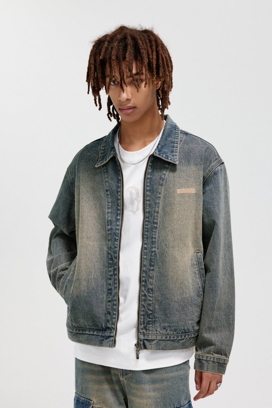 Washed Denim Zip-Up Jacket