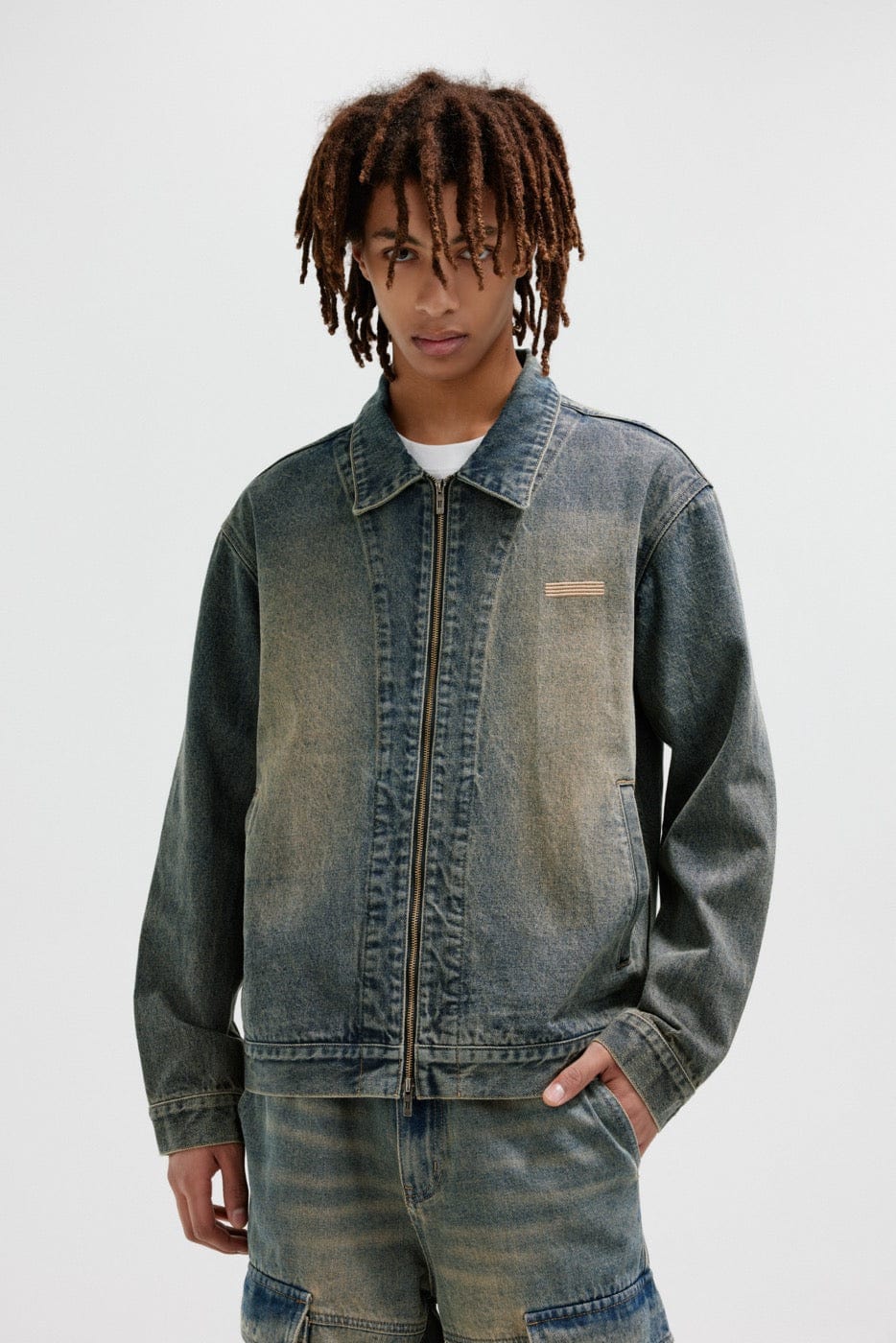 Washed Denim Zip-Up Jacket