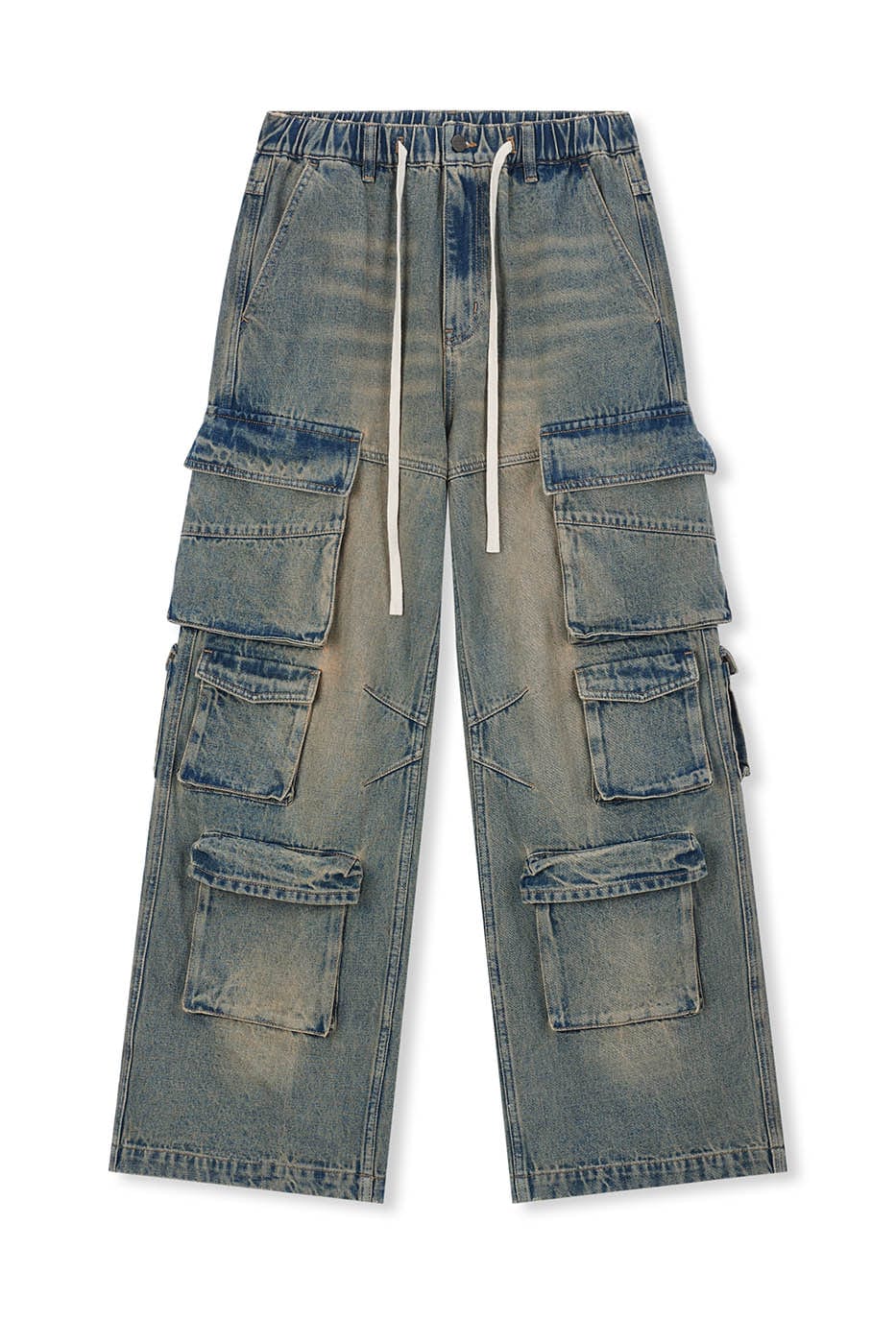 Multi-Pocket Faded Cargo Denim Jeans