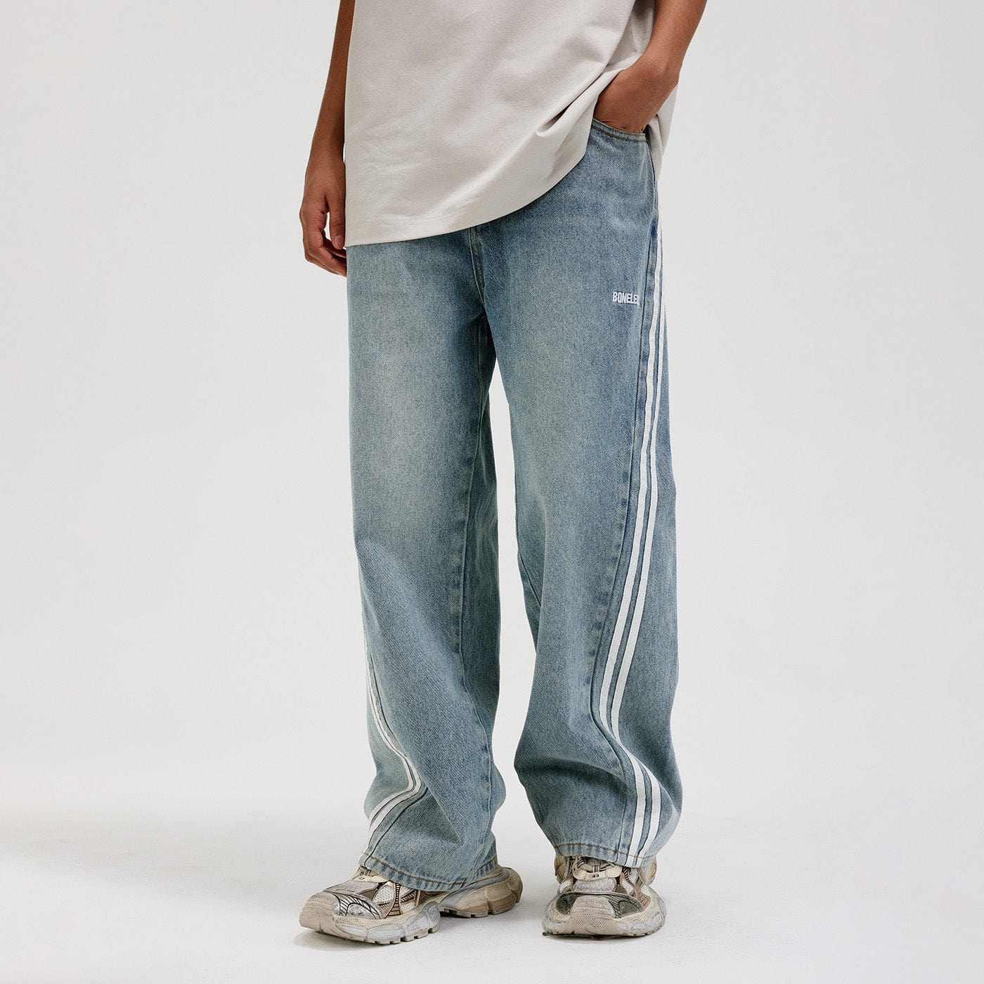 Side-Striped Light Wash Denim Jeans