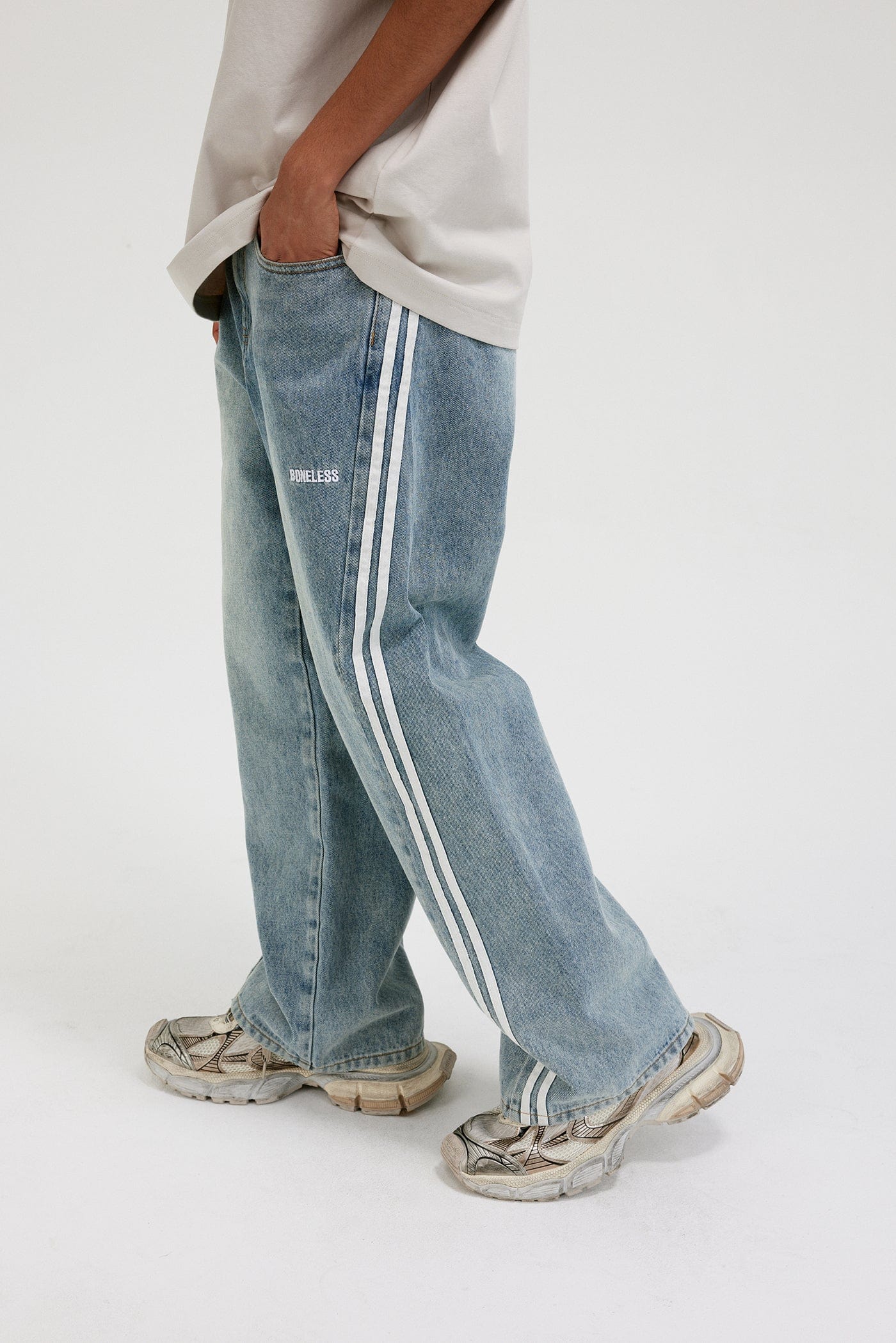 Side-Striped Light Wash Denim Jeans