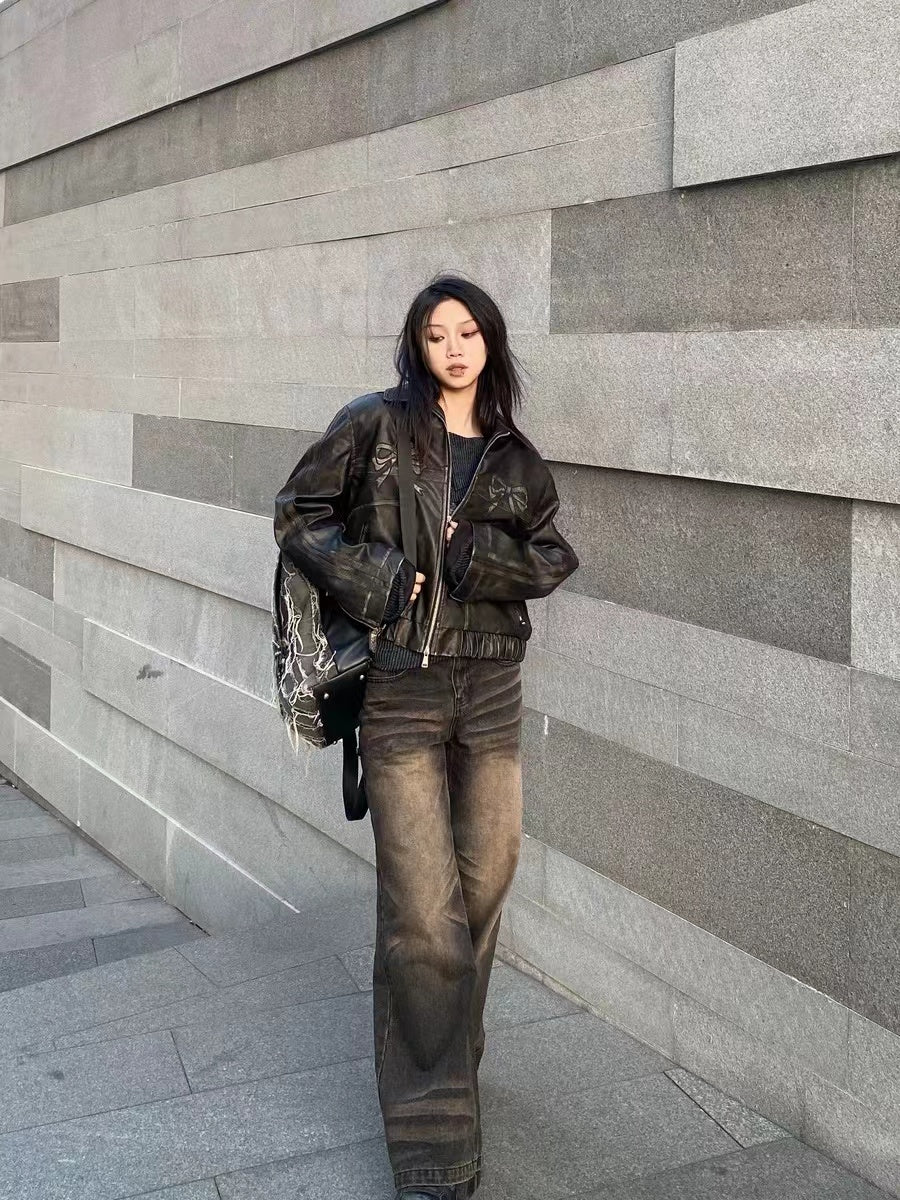 Retro Color-Painted Leather Jacket With Bowknot Detail