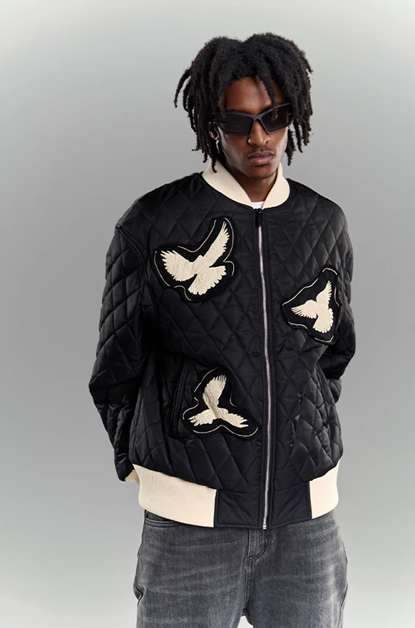 3D Foam Patch Peace Dove Embroidered Jacket - chiclara