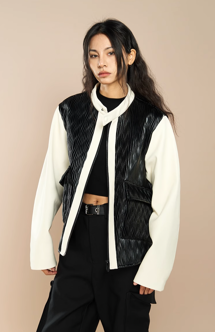 Unique Water Wave Patterned Leather Jacket - chiclara