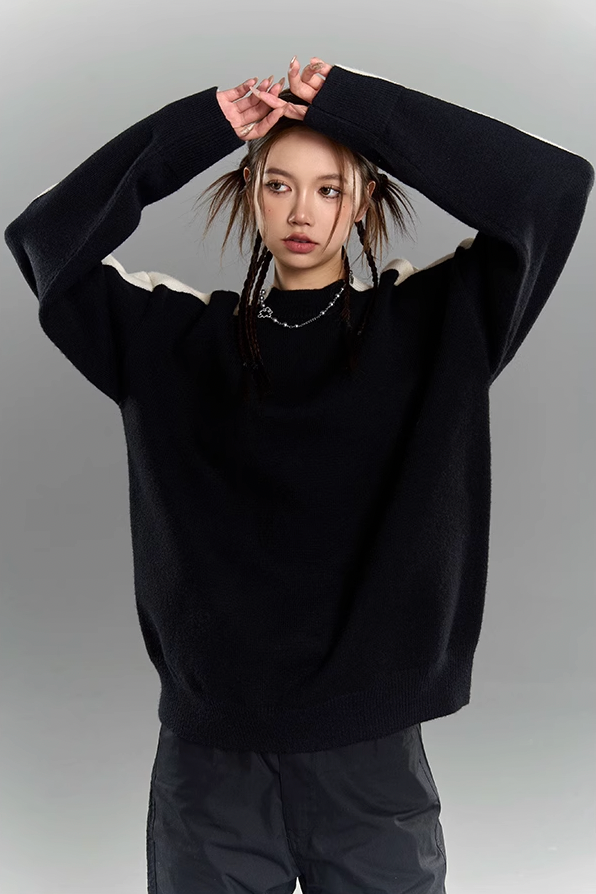 Bold Black & White Contrasting Knit Sweater - chiclara
