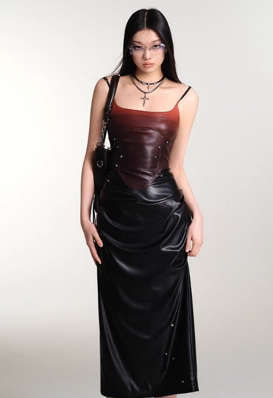 Gradient Studded Leather Camisole Dress - chiclara