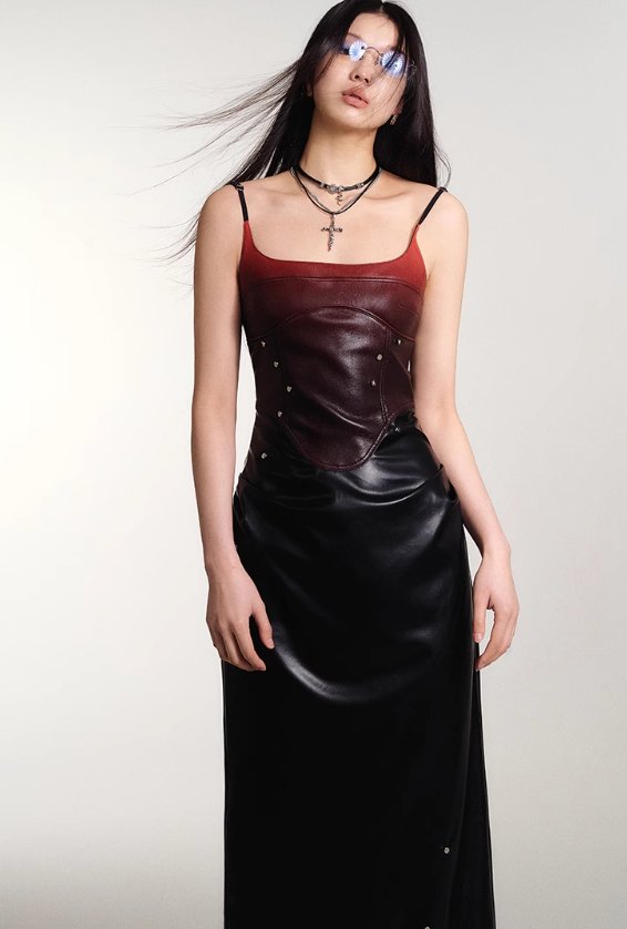 Gradient Studded Leather Camisole Dress - chiclara