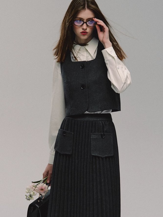 Preppy Vest Pleated Skirt