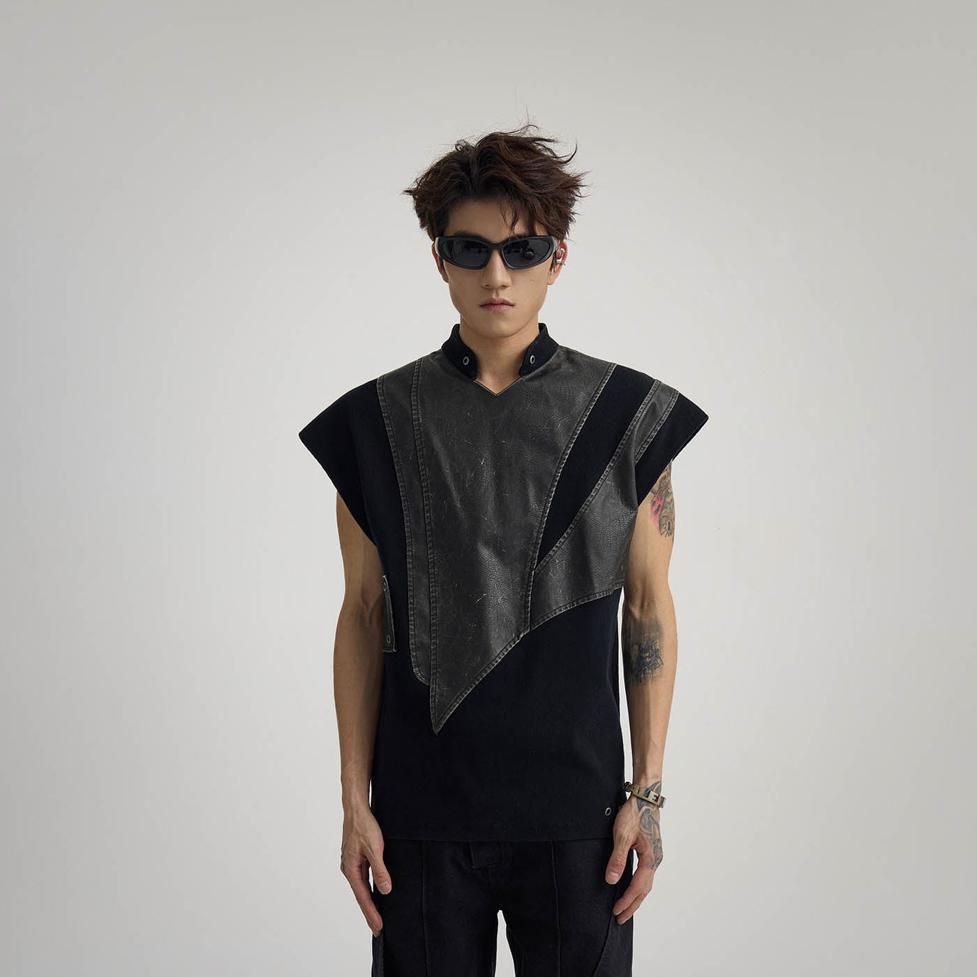 Asymmetric Leather Panel Vest