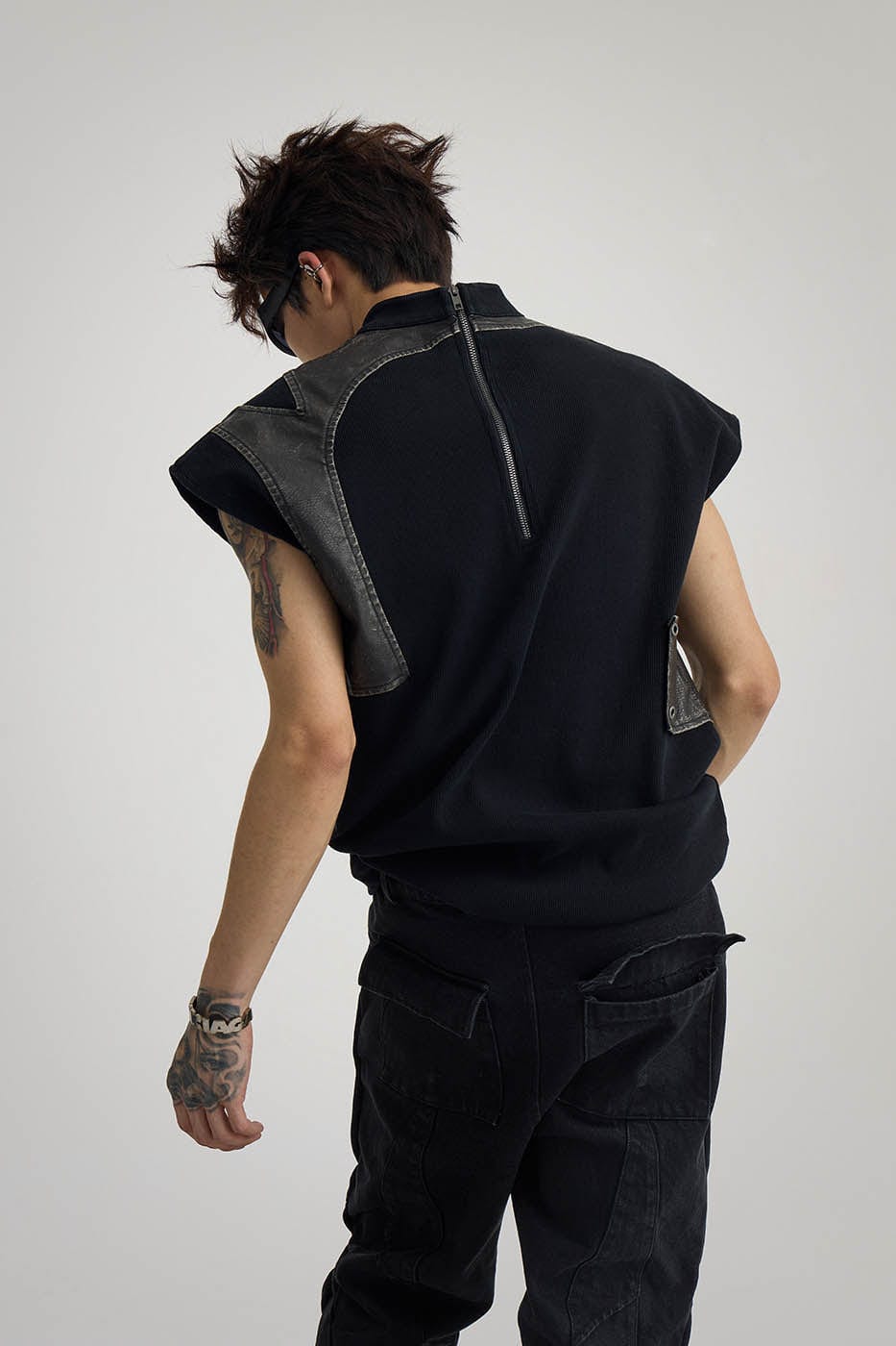 Asymmetric Leather Panel Vest