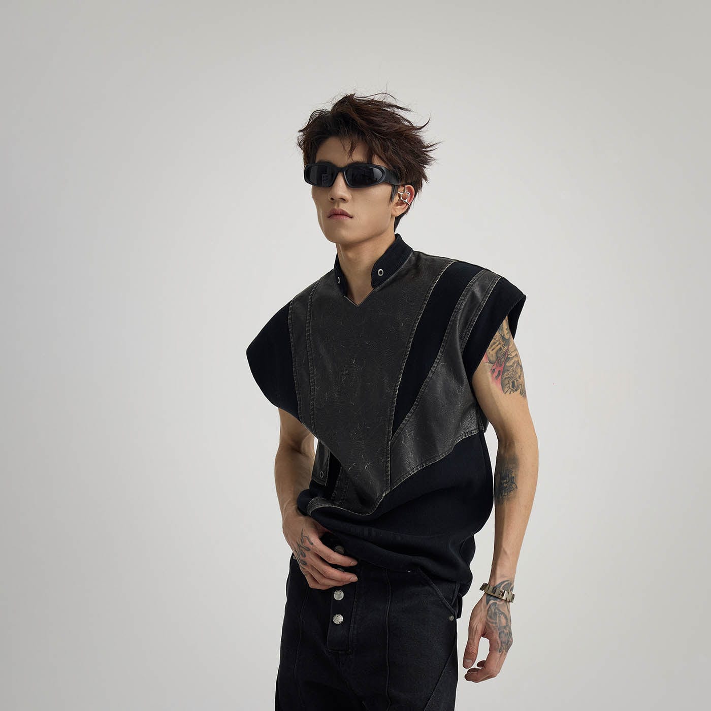 Asymmetric Leather Panel Vest