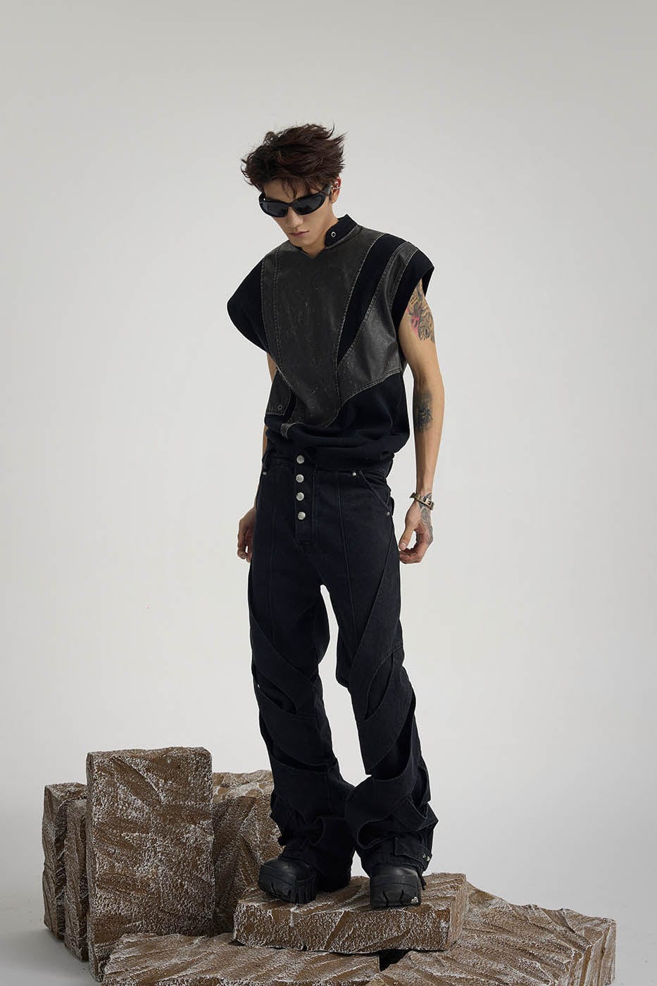 Asymmetric Leather Panel Vest