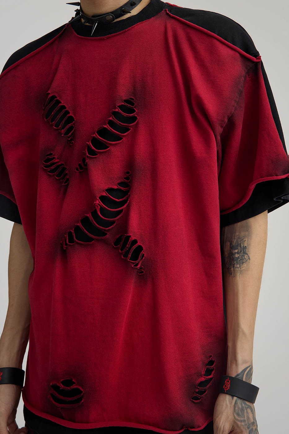 Double-Layered Ripped Red Tee