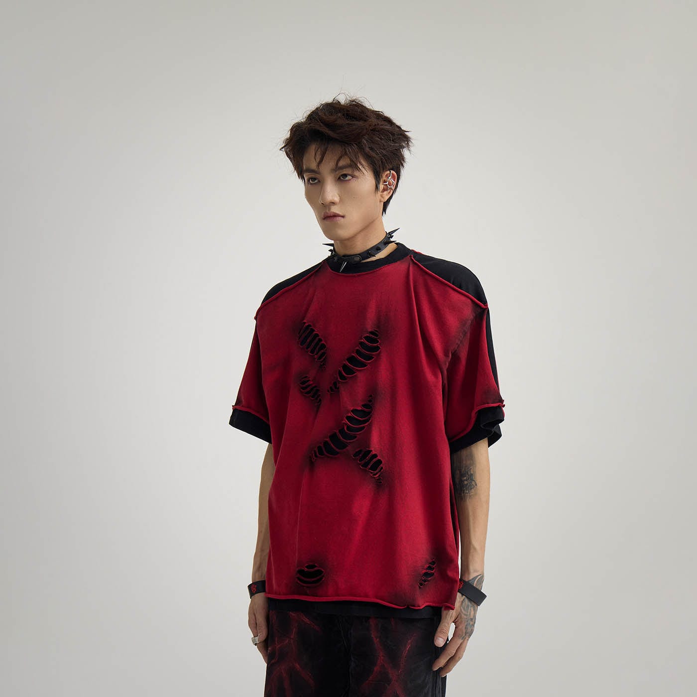 Double-Layered Ripped Red Tee