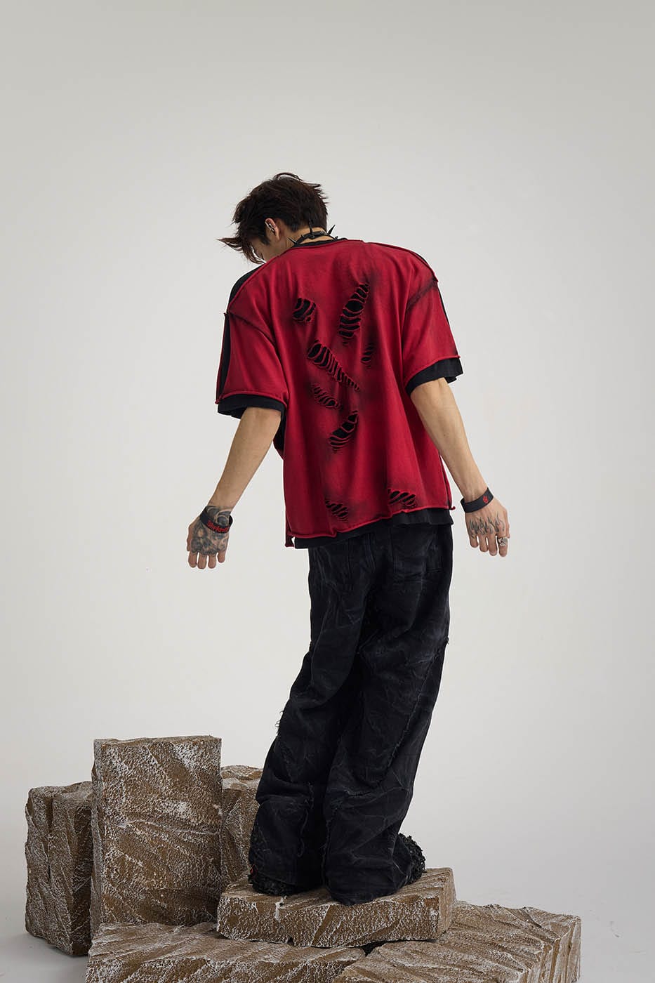 Double-Layered Ripped Red Tee