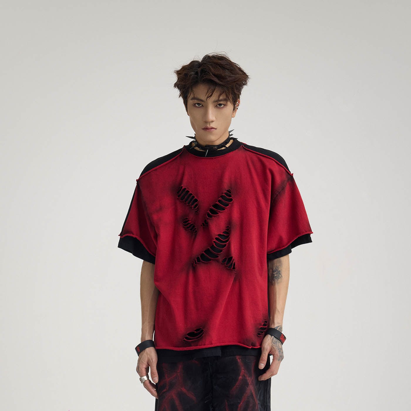 Double-Layered Ripped Red Tee