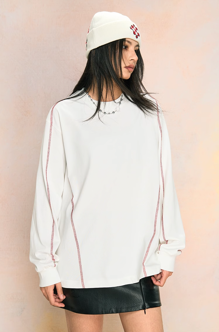 Modern Decorative Stitched Functional Long Sleeve Tee - chiclara