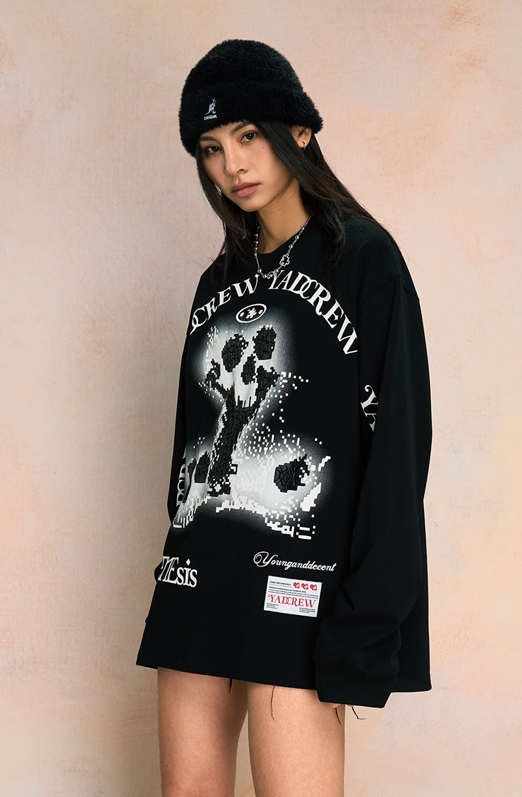 Edgy Skeleton Graphic Print Long Sleeve Tee - chiclara