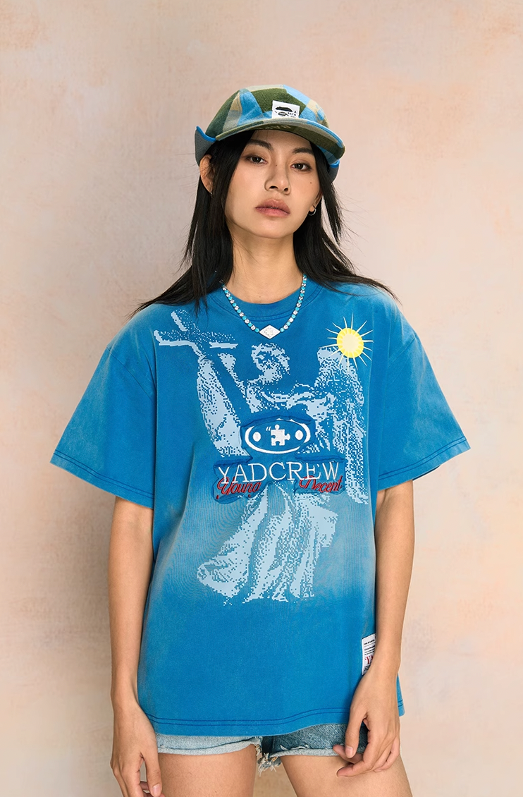 Artfully Washed Angel Patch Embroidery Print Tee - chiclara