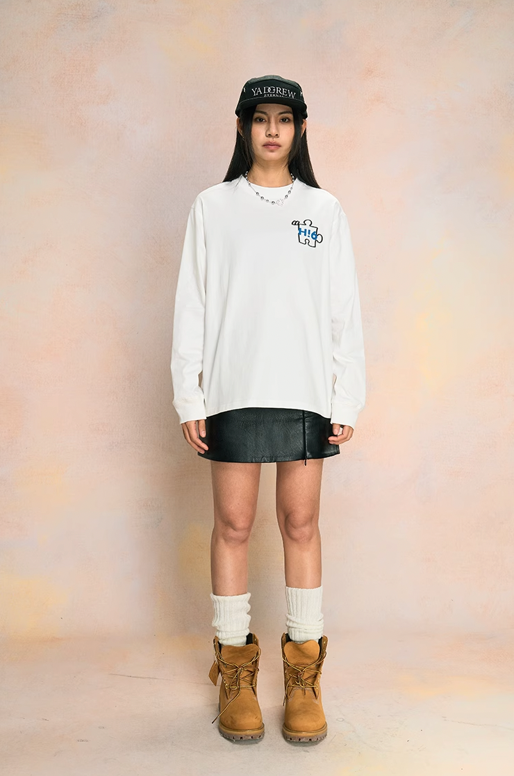 Relaxed Fit "Hello Saturday" Graphic Long Sleeve Tee - chiclara