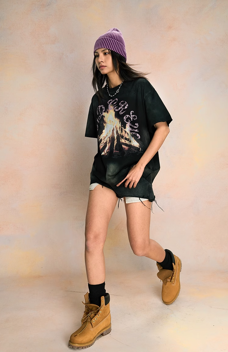 Distressed Fire Washed Frayed Hem Tee - chiclara