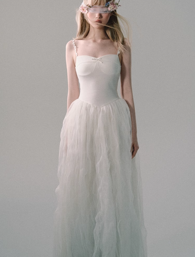 Floral Strap Tulle Gown