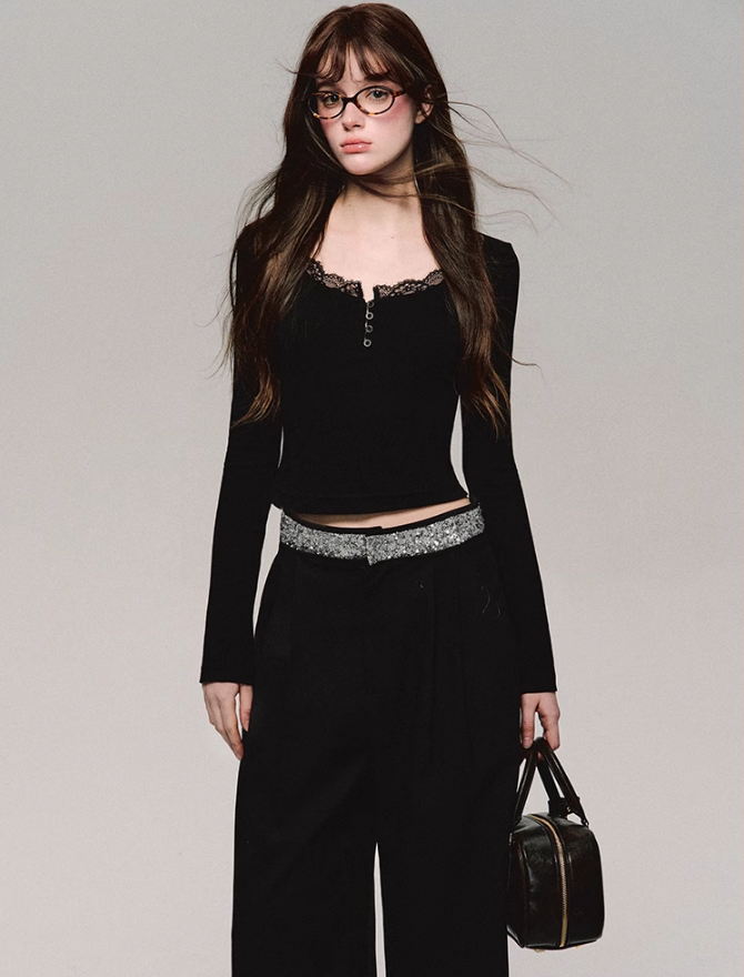 Crystal Trim Wide Leg Pants