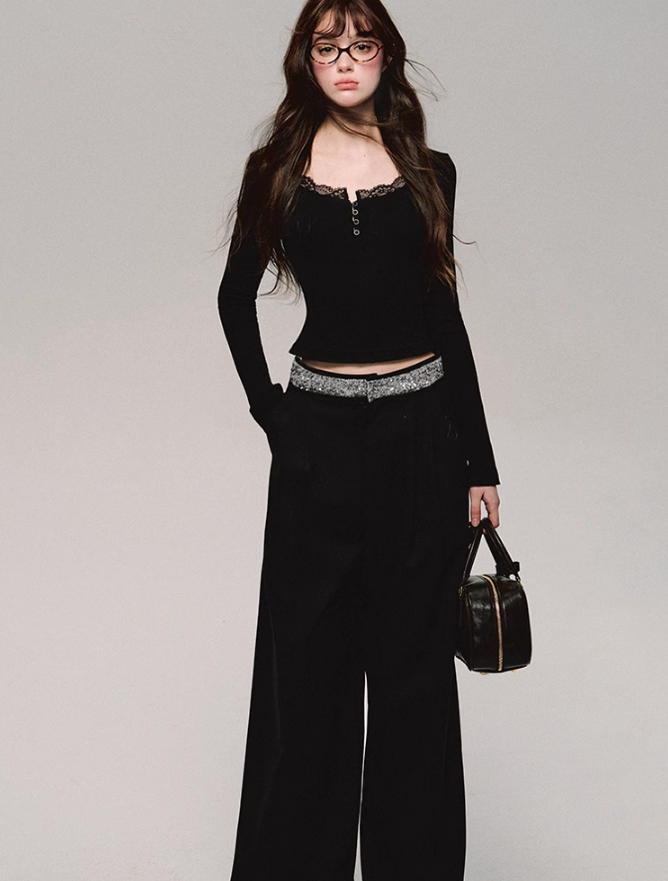 Crystal Trim Wide Leg Pants