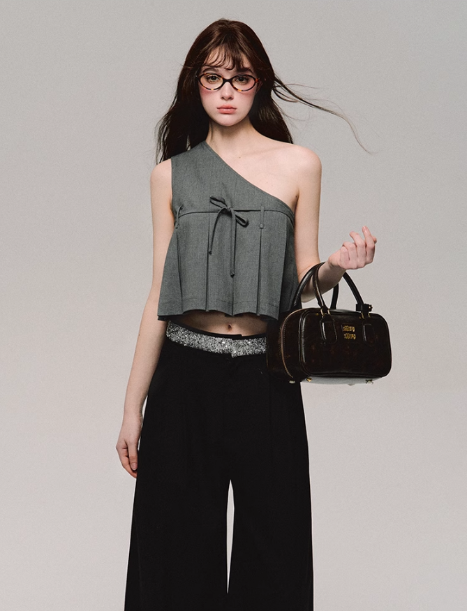 One Shoulder Pleated Crop Top