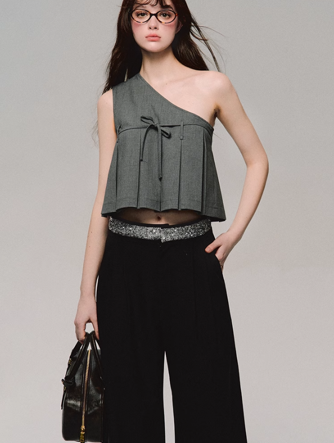 One Shoulder Pleated Crop Top