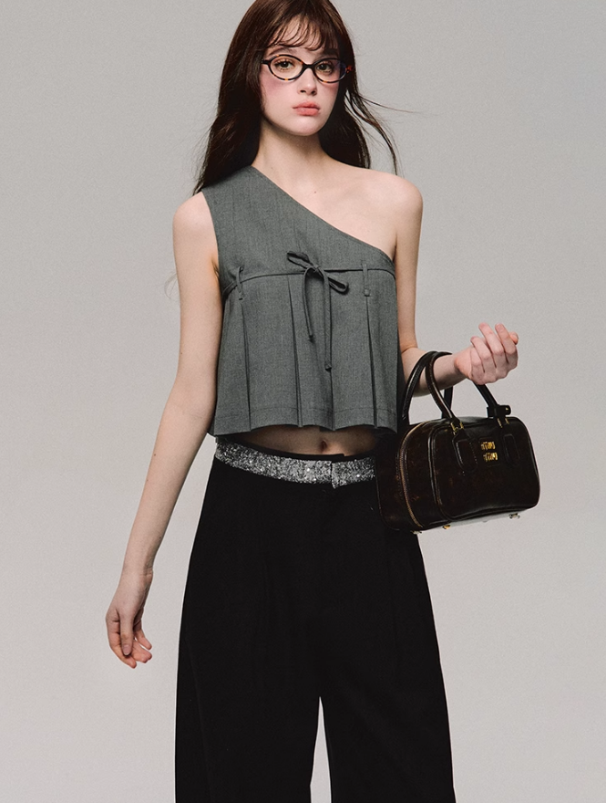 One Shoulder Pleated Crop Top