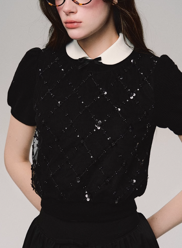 Crystal Grid Collar Sweater