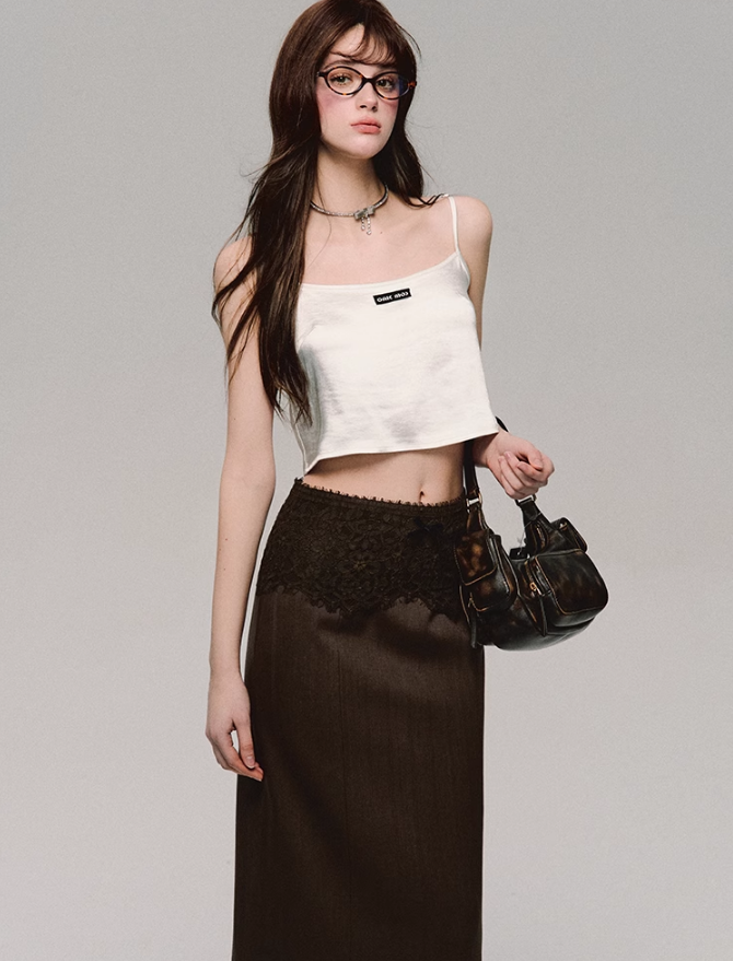 Lace Trim Satin Camisole/Skirt