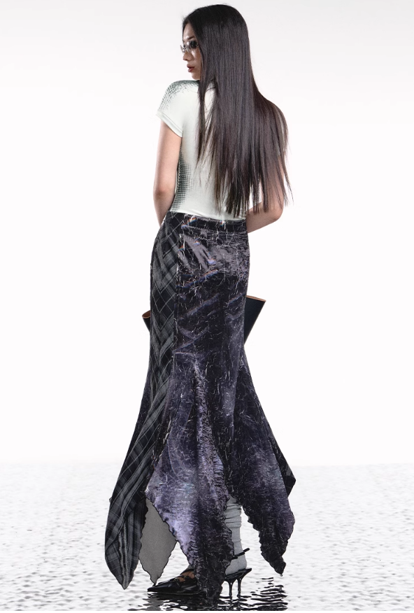 Denim Plaid Asymmetrical Skirt - chiclara