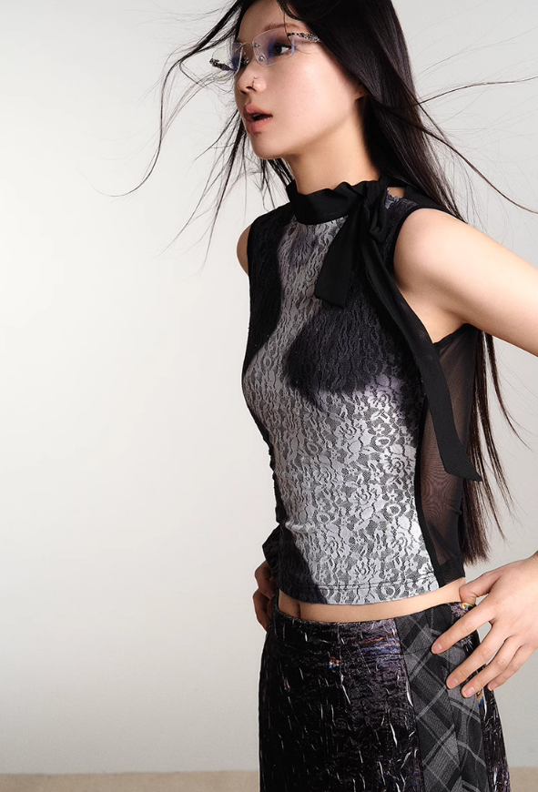 Lace Mesh Print Vest - chiclara