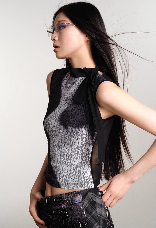 Lace Mesh Print Vest - chiclara