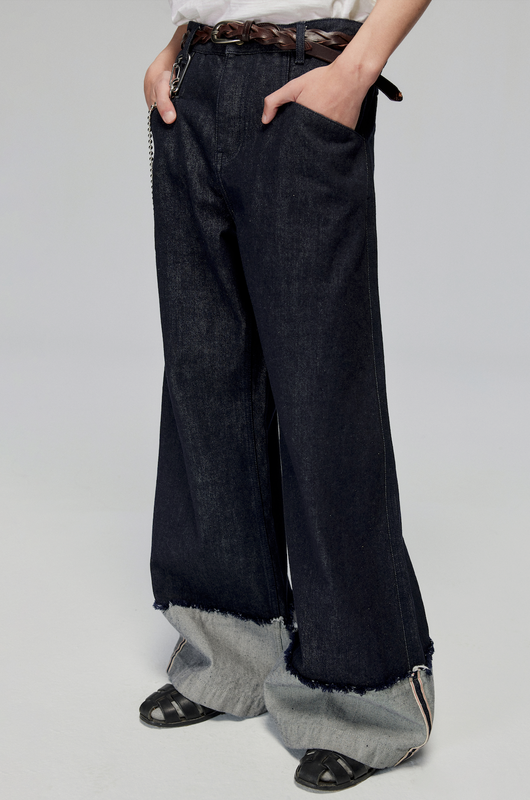 Raw Denim Wide Leg Cuffed Jeans