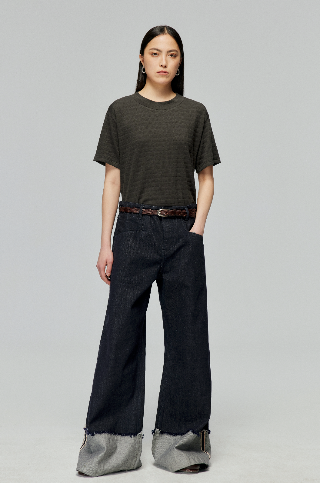 Raw Denim Wide Leg Cuffed Jeans