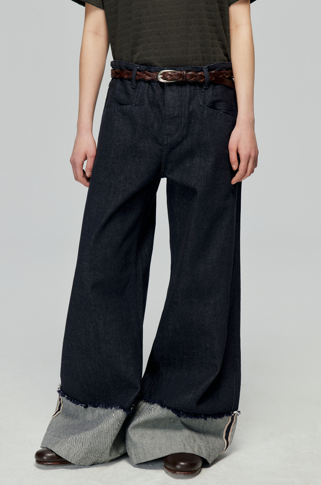 Raw Denim Wide Leg Cuffed Jeans