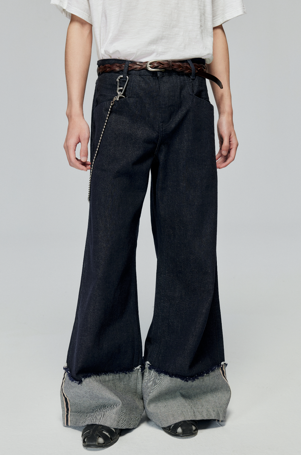 Raw Denim Wide Leg Cuffed Jeans