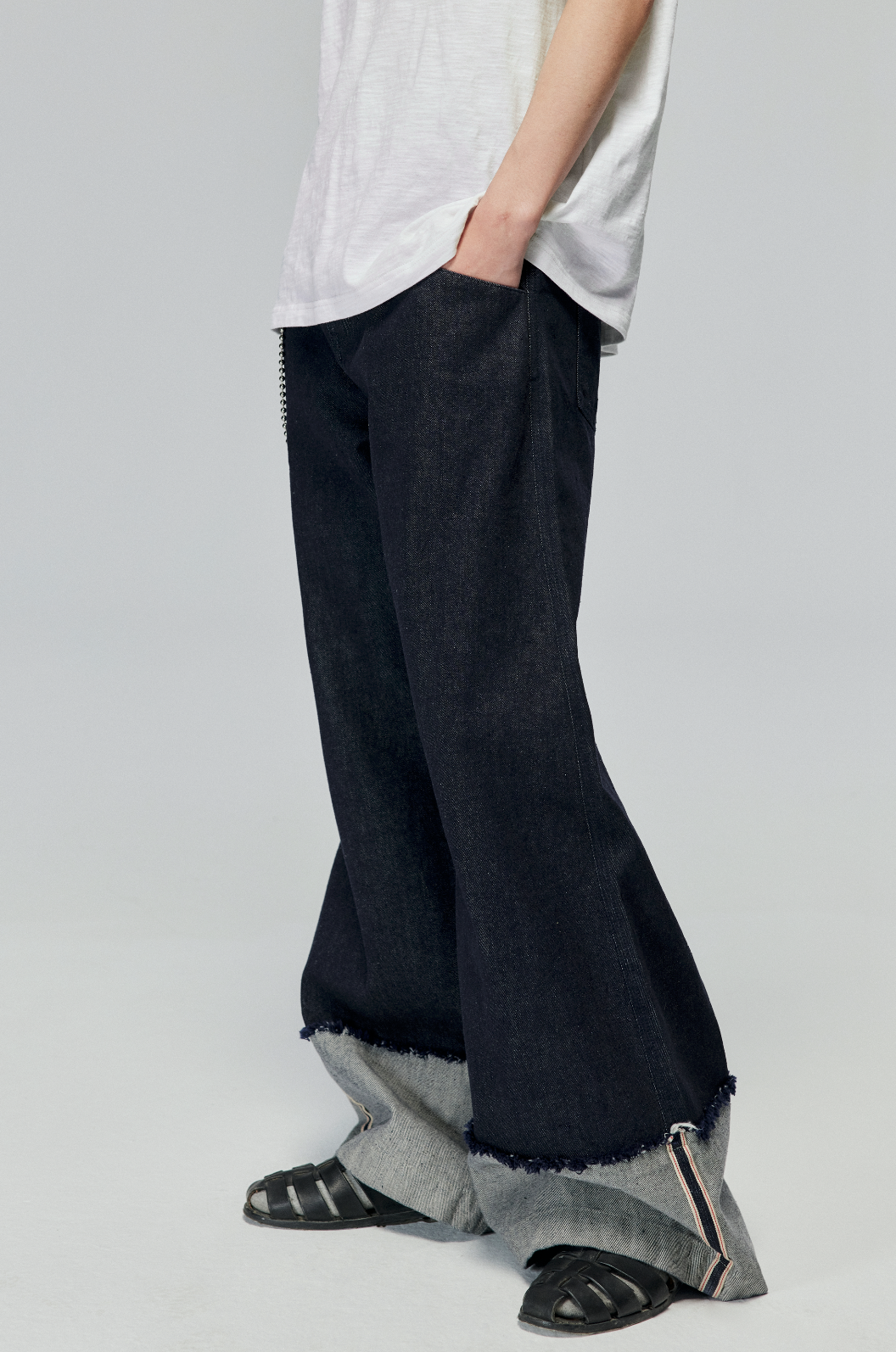 Raw Denim Wide Leg Cuffed Jeans