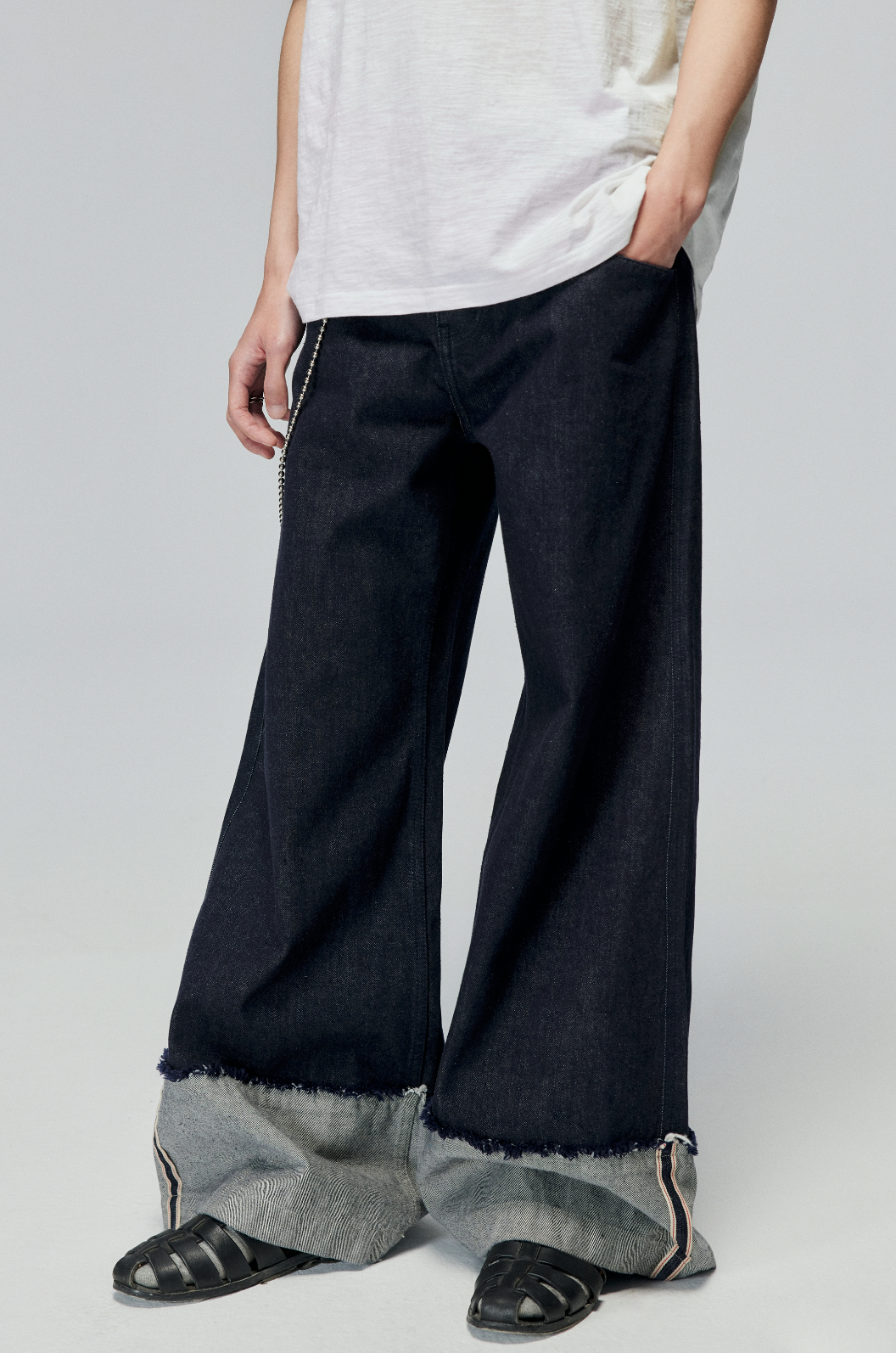 Raw Denim Wide Leg Cuffed Jeans