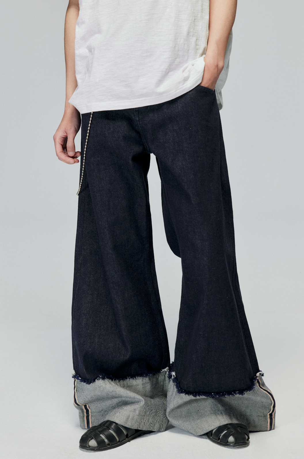 Raw Denim Wide Leg Cuffed Jeans