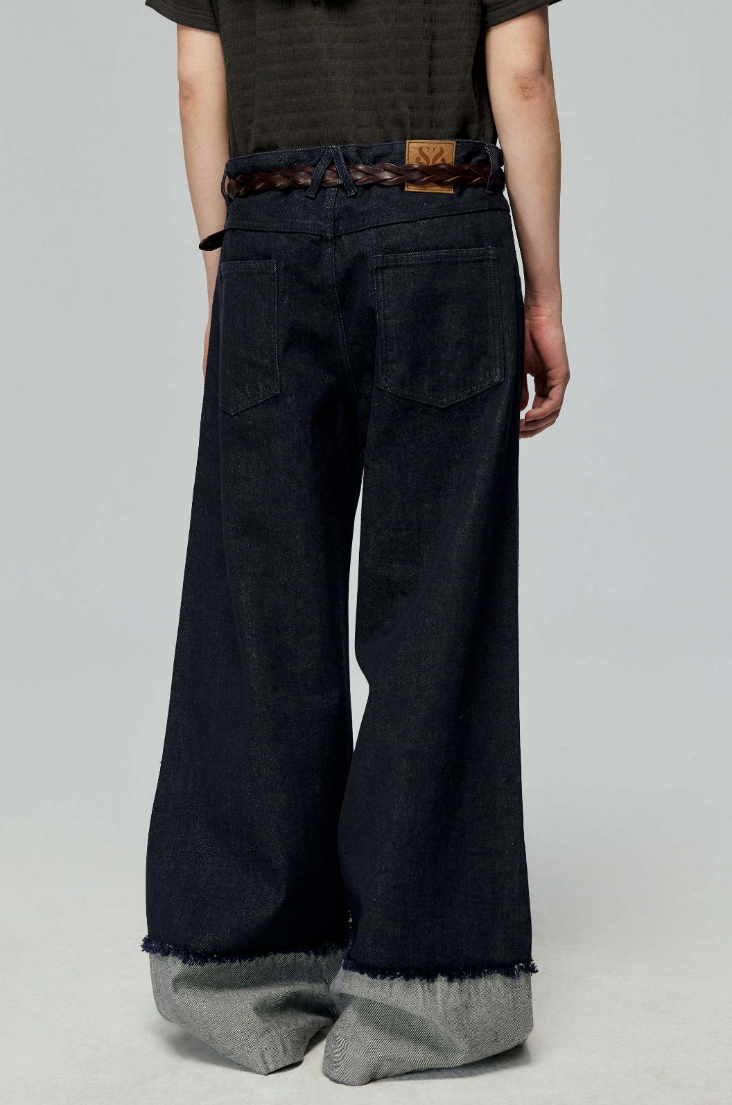 Raw Denim Wide Leg Cuffed Jeans