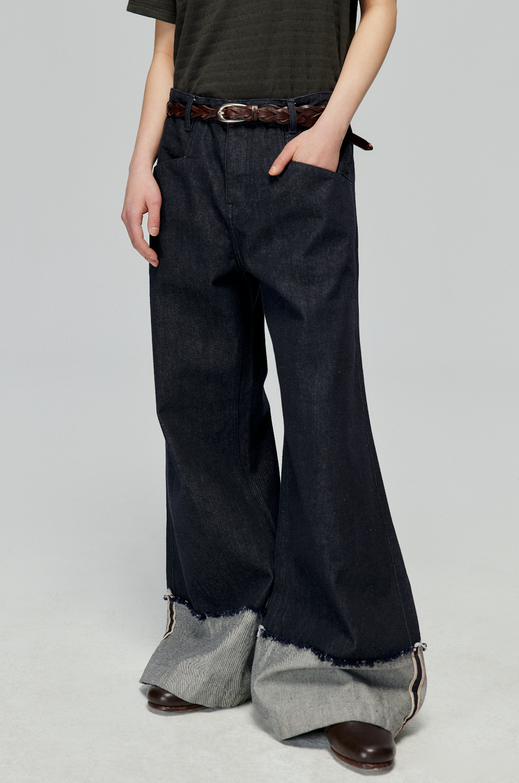 Raw Denim Wide Leg Cuffed Jeans