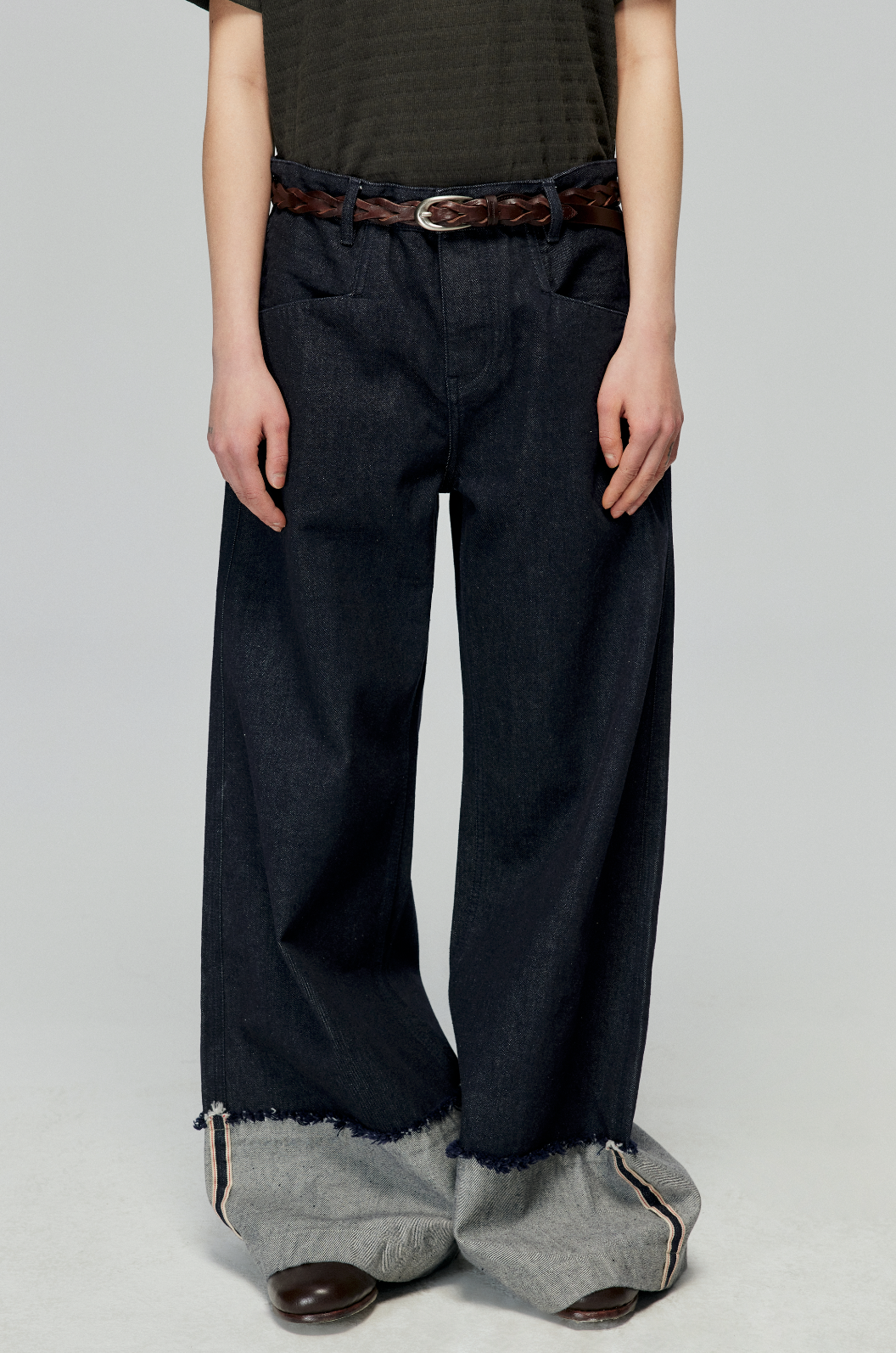 Raw Denim Wide Leg Cuffed Jeans