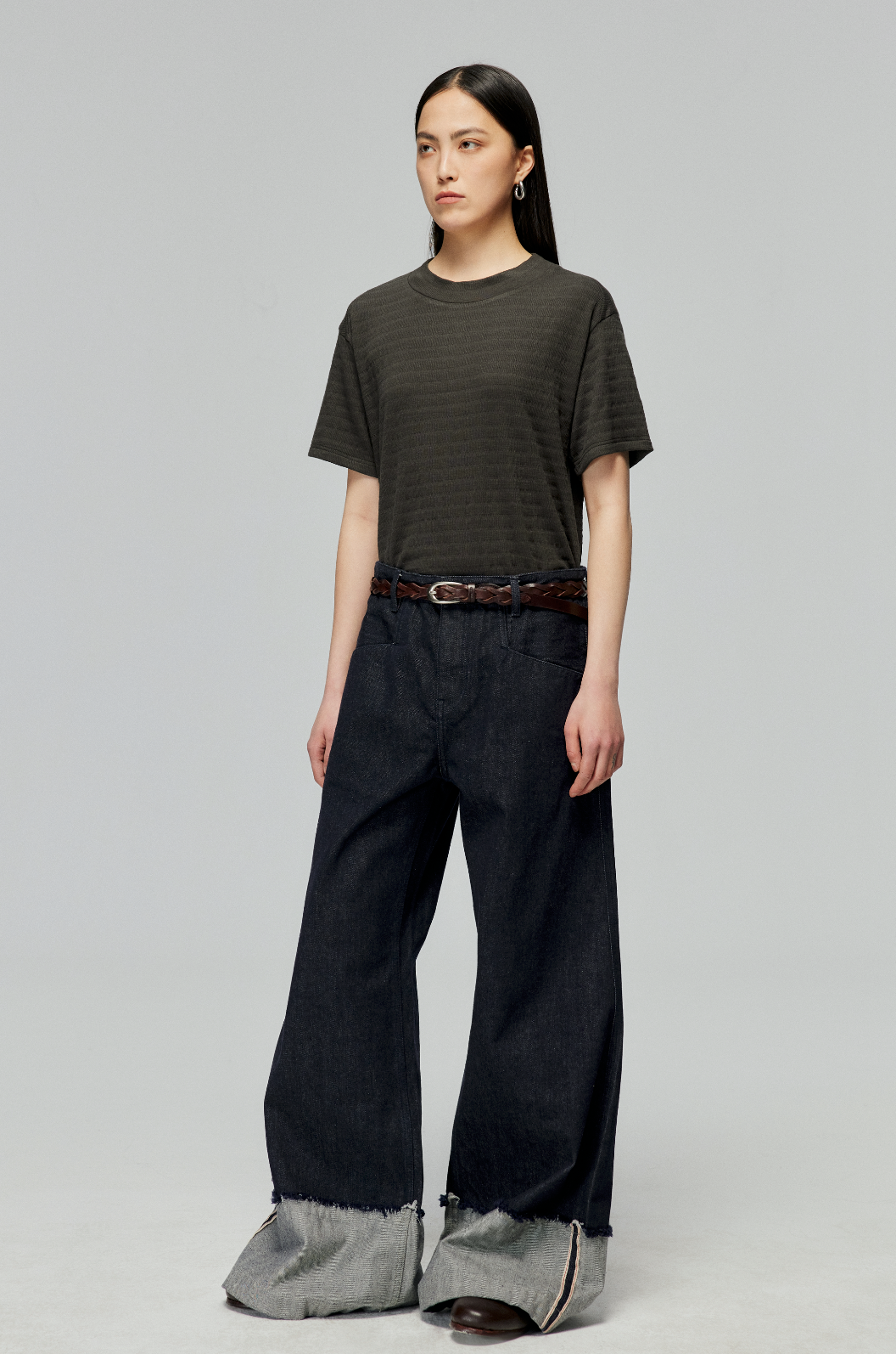 Raw Denim Wide Leg Cuffed Jeans