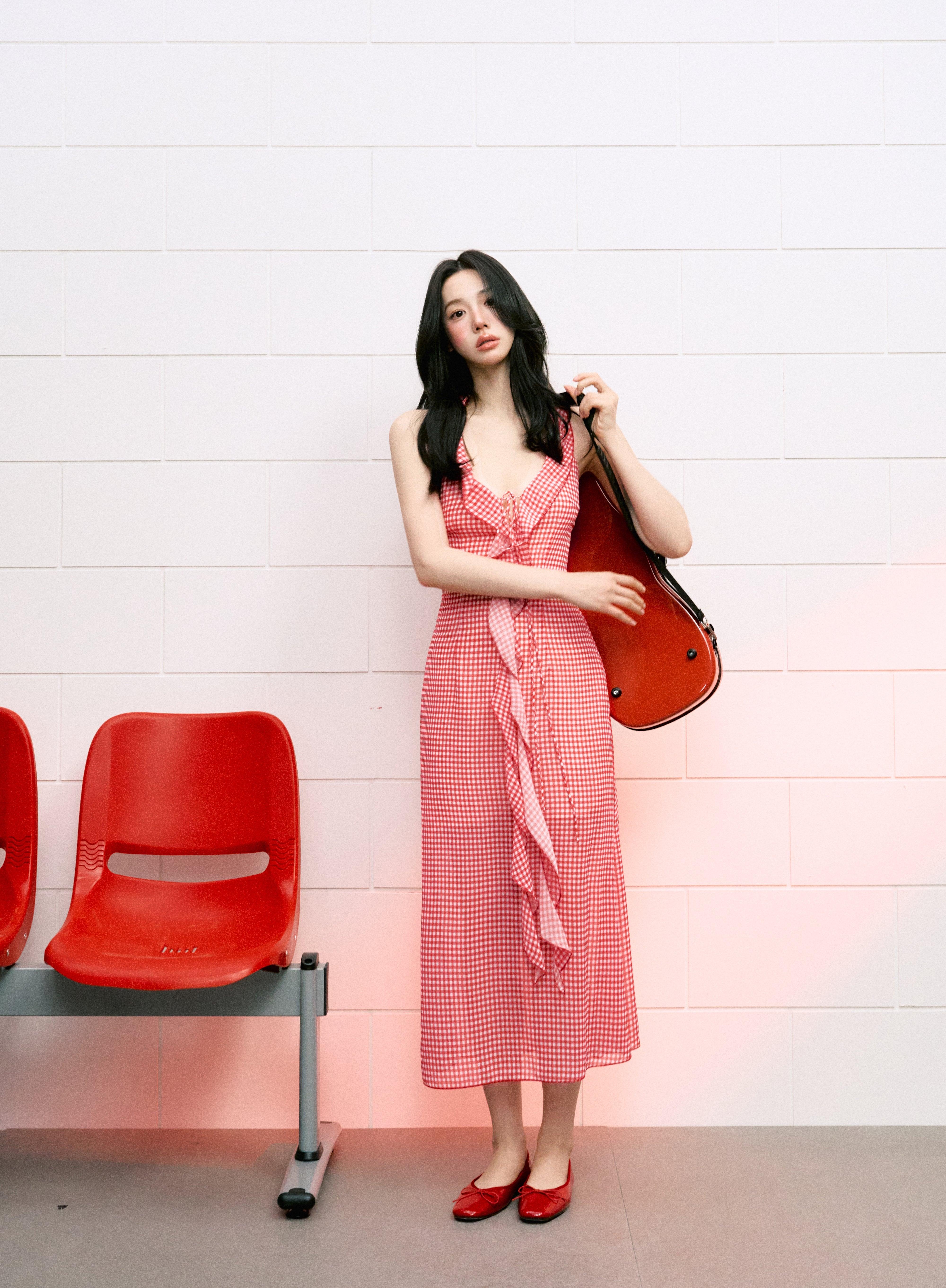 French Style Ribbon Halter Neck Red Plaid Cinched Waist Long Dress